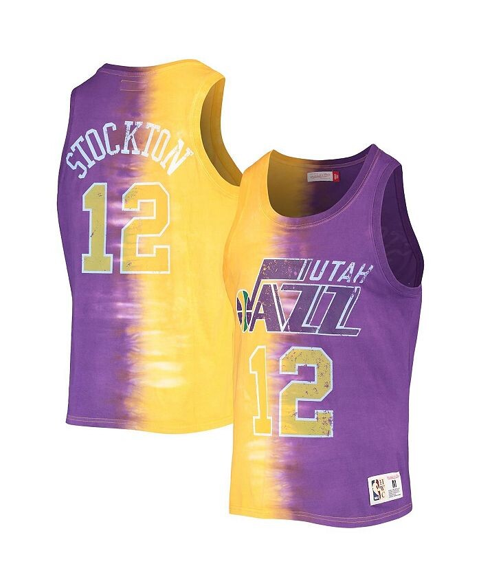 

Мужская майка John Stockton Gold and Purple Utah Jazz Hardwood Classics с названием и номером тай-дай Mitchell & Ness, мультиколор
