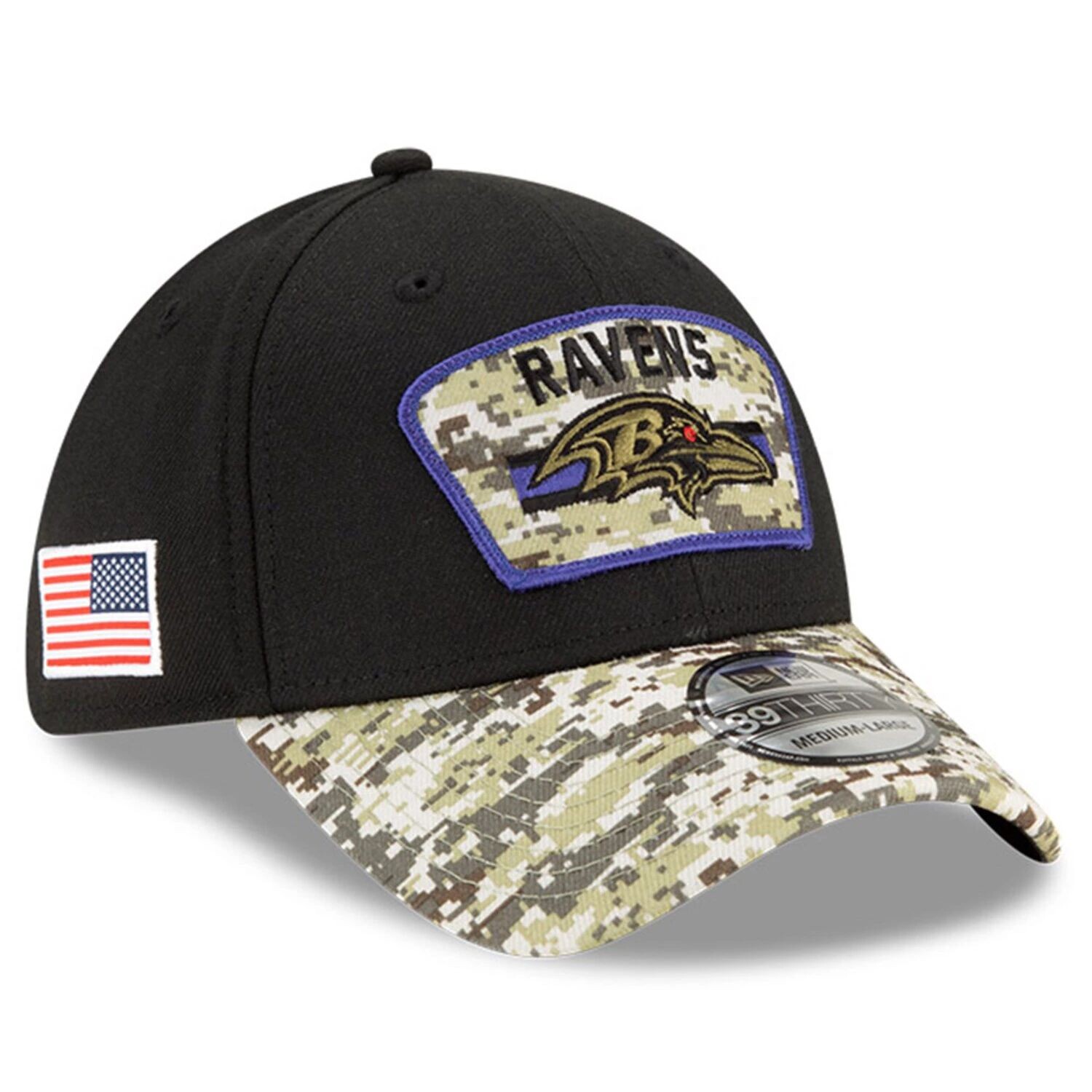 

Мужская кепка New Era Black/Camo Baltimore Ravens 2021 Salute To Service 39THIRTY Flex Hat