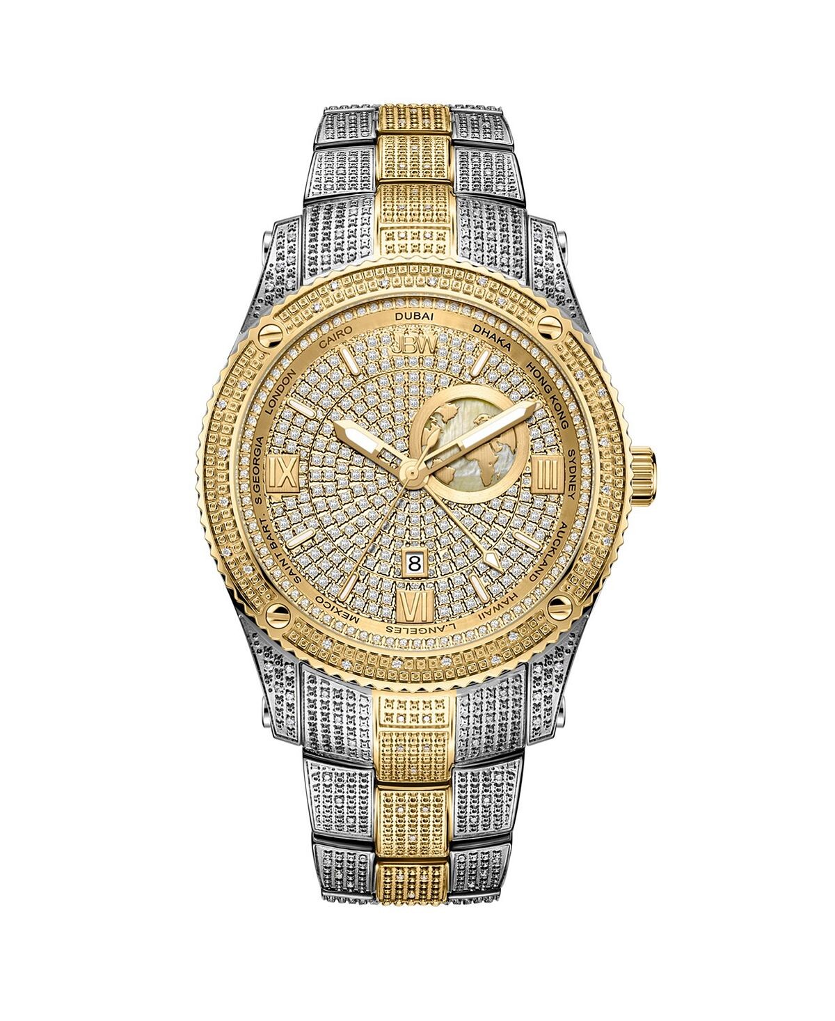 

Мужские часы Jet Setter GMT Multi, позолоченный браслет из нержавеющей стали 18 карат, 46 мм Jbw