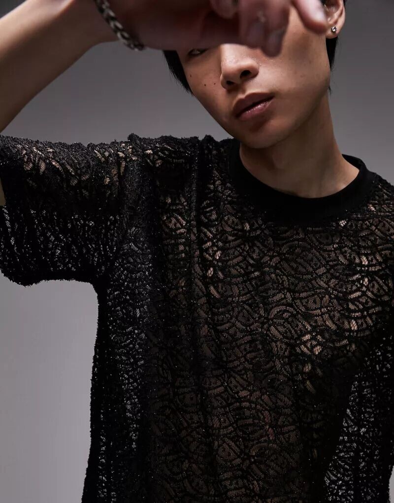

Черная кружевная футболка оверсайз Topman Festival
