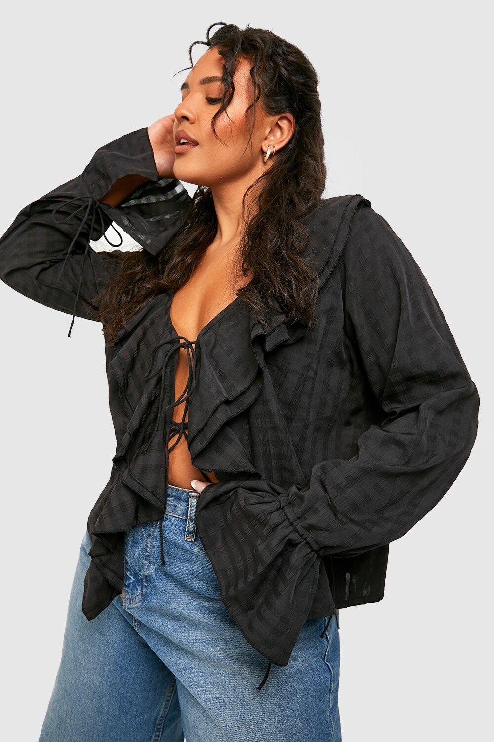 

Блузка с текстурной обрюкой и завязкой передней части Boohoo, черный