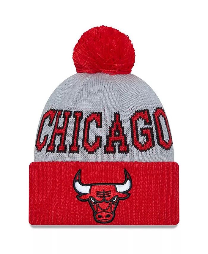 

Мужская красно-серая двухцветная вязаная шапка Chicago Bulls с манжетами и помпоном New Era, красный