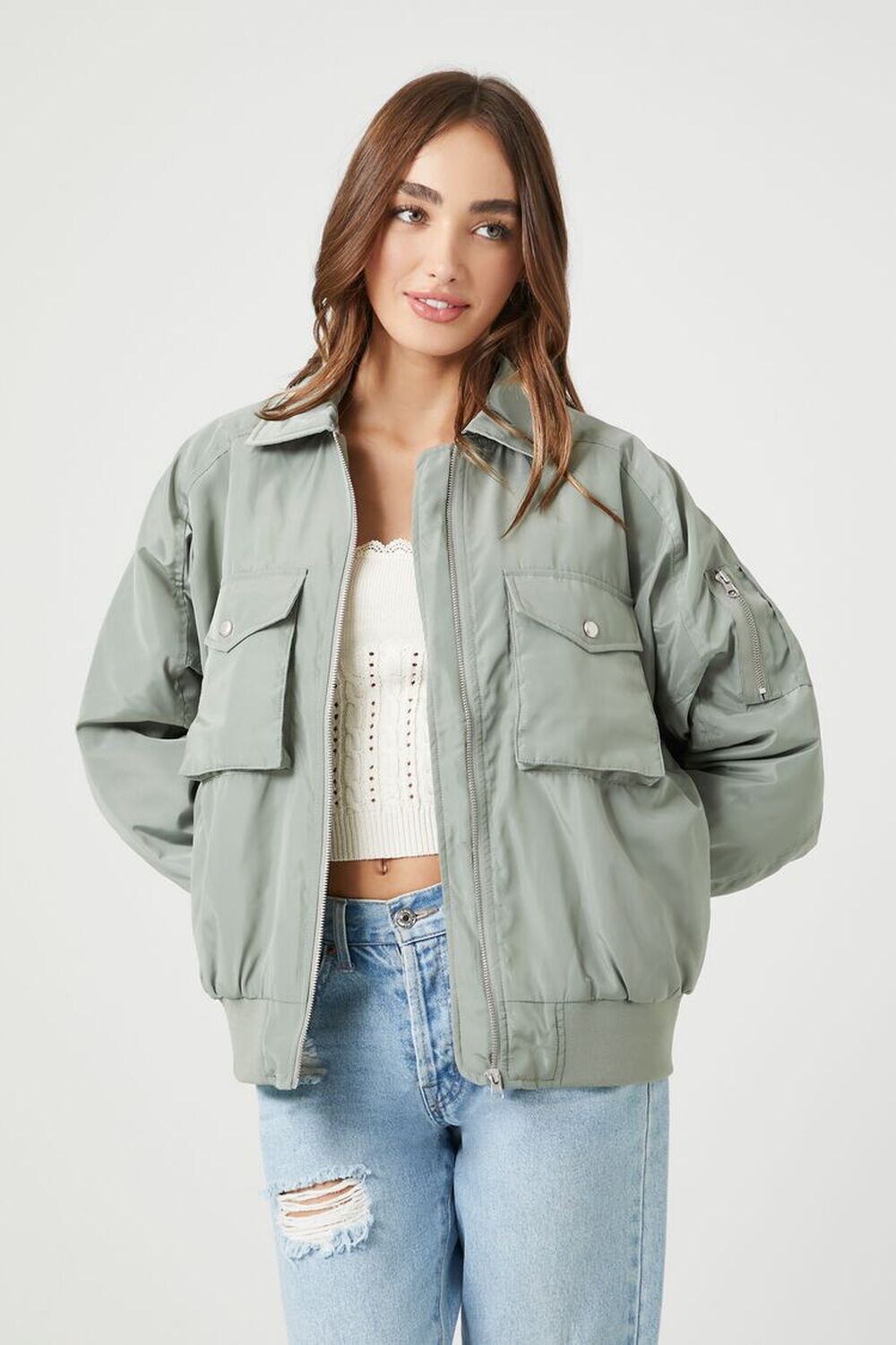 

Бомбер на молнии Forever 21, зеленый