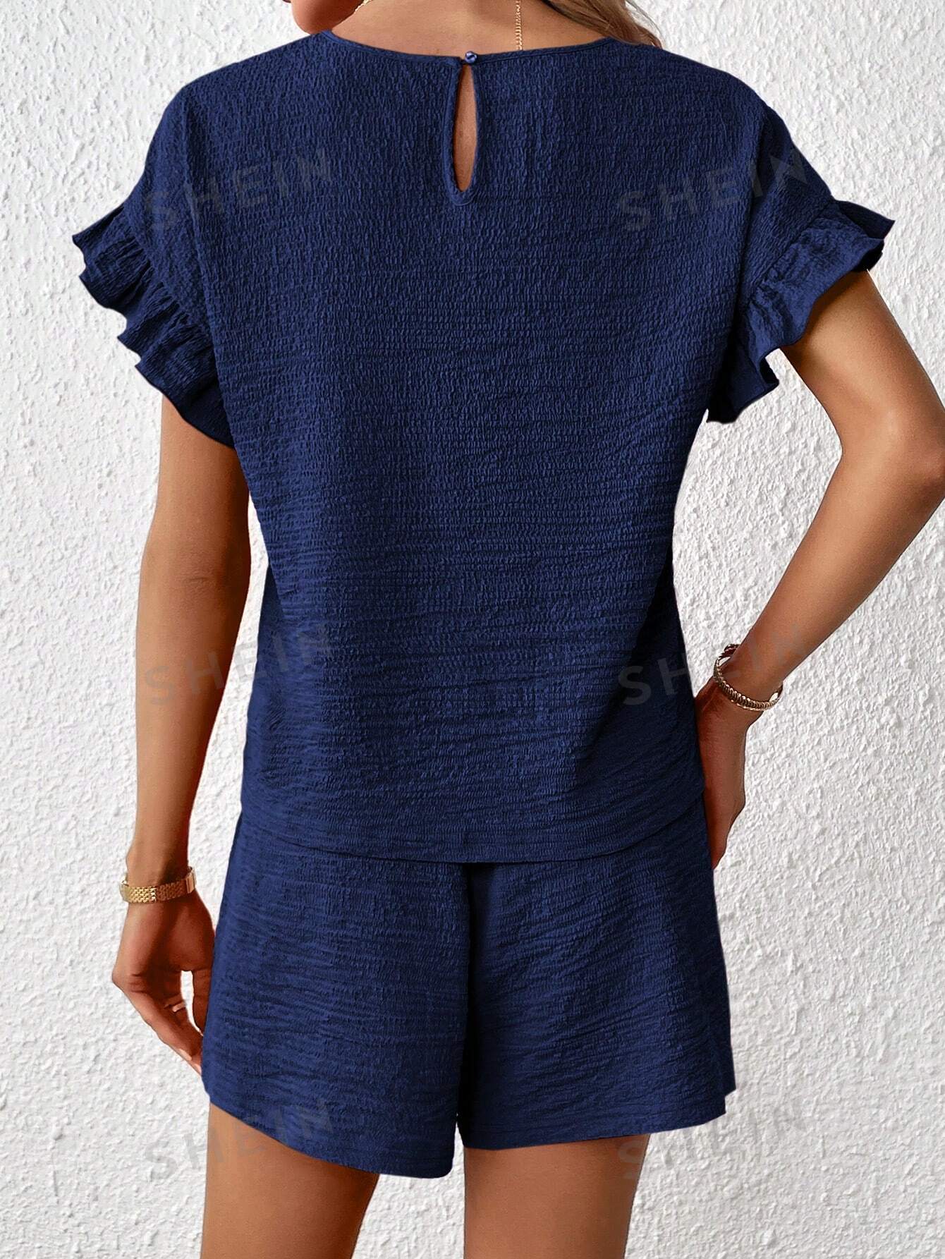 SHEIN Essnce Женский однотонный комплект из топа и шорт с круглым вырезом и рукавами «летучая мышь», темно-синий