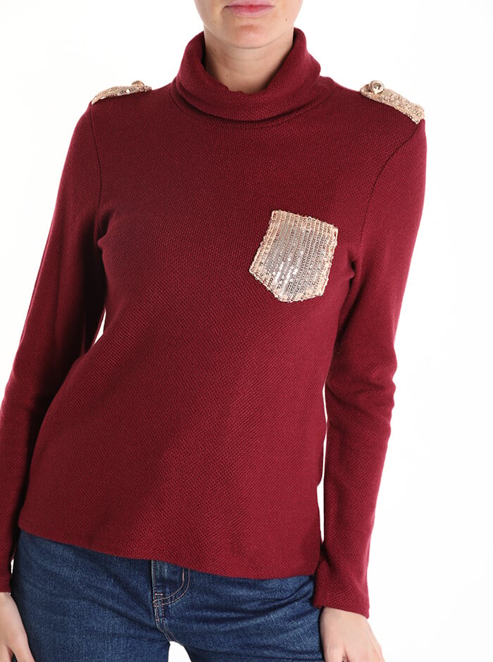 

Топ с длинными рукавами и пайетками, с карманами Rollneck, бордо
