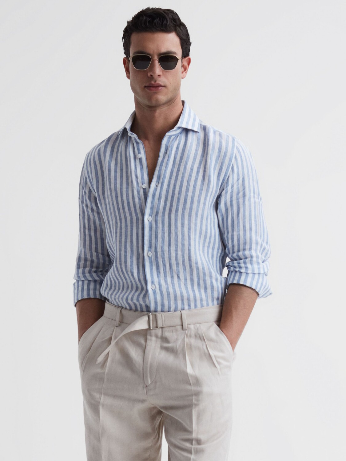 

Льняная рубашка обычного кроя Reiss Ruban Stripe, нежно-голубая