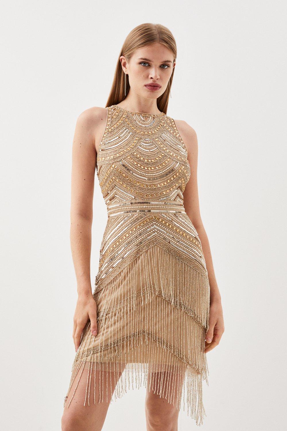Мини-платье с бретелькой на шее, расшитое бисером и украшенное плетеной бахромой Karen Millen, золото