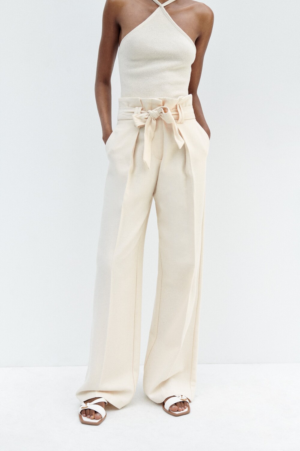 

Брюки paperbag с поясом Zara, экрю, Серый