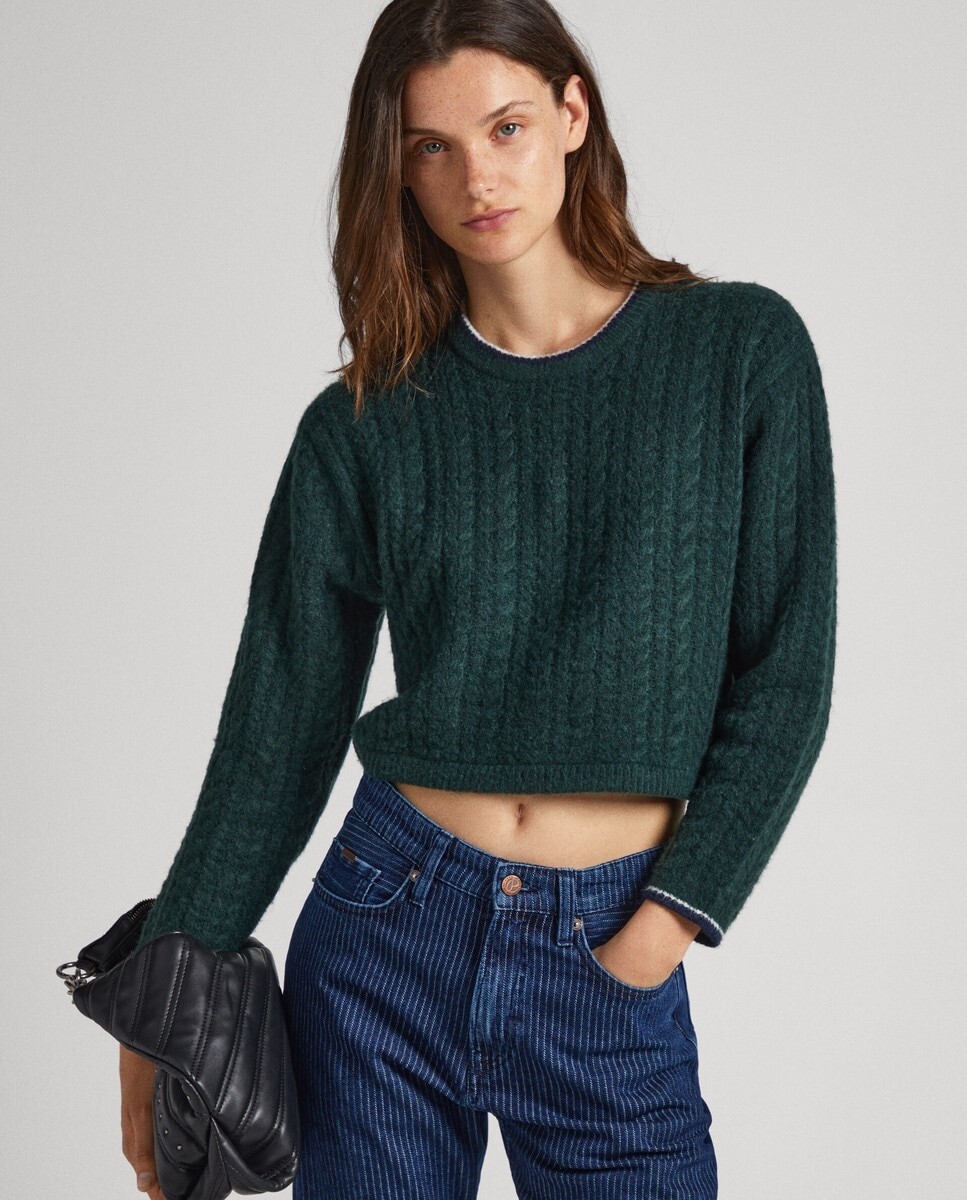 

Женский свитер косой вязки с кулиской по краю Pepe Jeans, темно-зеленый