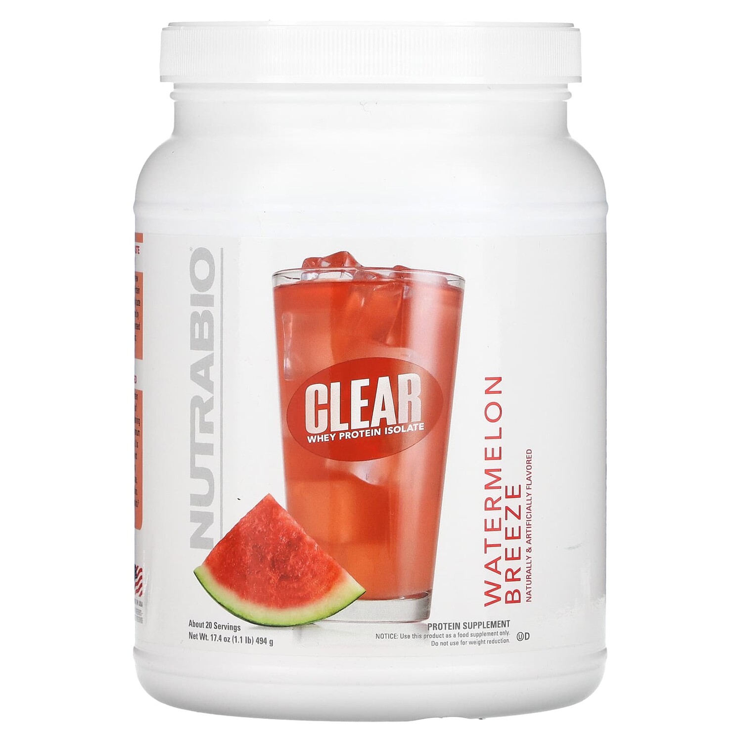 

Clear, изолят сывороточного протеина, арбузный бриз, 494 г (1,1 фунта), NutraBio