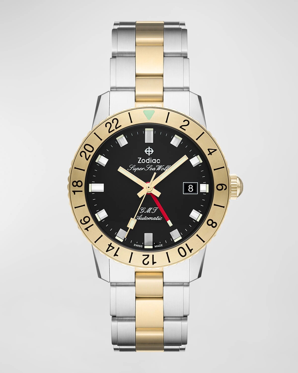 

Мужские автоматические двухцветные часы Super Sea Wolf GMT из нержавеющей стали Zodiac, серебряный
