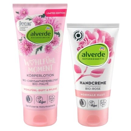 

Набор для ухода за кожей Alverde NATURKOSMETIK: WOHLFÜHLMOMENT Увлажняющий лосьон для тела с цветами хризантемы и мальвы 200 мл + крем для рук ROSE с экстрактом розы 75 мл