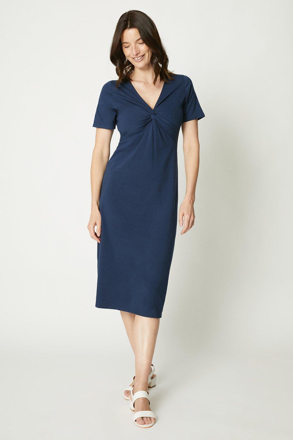 Темно-синее платье-миди с короткими рукавами и перекрученным передом Debenhams, темно-синий цена и фото