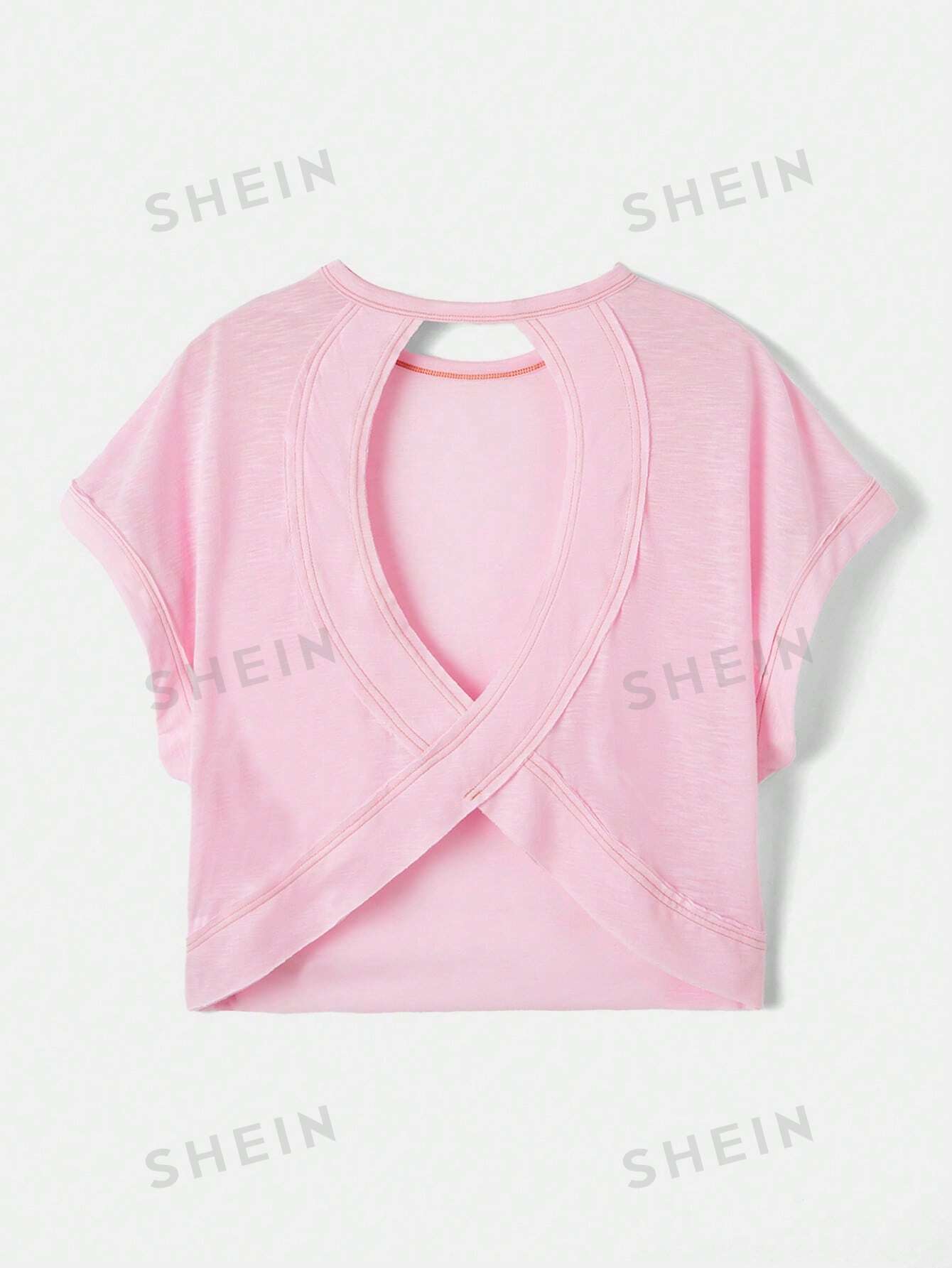 женский свободный свитер с круглым вырезом и рукавом летучая мышь SHEIN Essnce Женская однотонная футболка с рукавами «летучая мышь» и открытой спиной, детский розовый