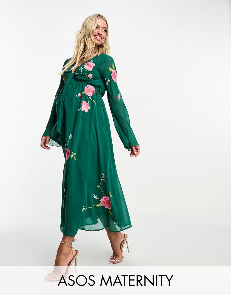 

Зеленое платье миди с цветочной вышивкой ASOS DESIGN Maternity с завязкой спереди и пуговицами спереди