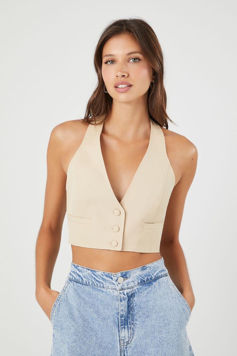 

Укороченный топ с глубоким вырезом на шее Forever 21, песочный