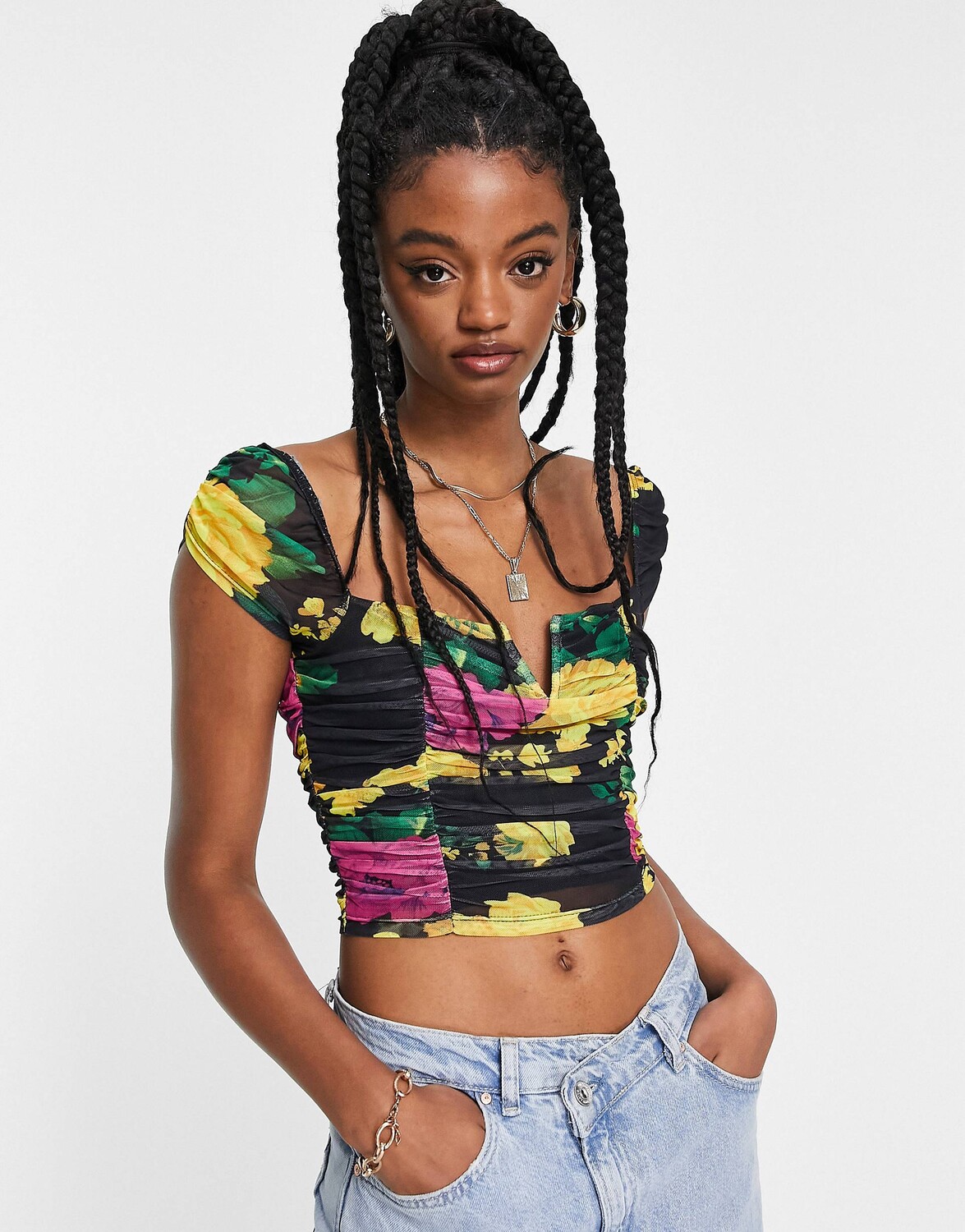 

Укороченный сетчатый топ с цветочным принтом и рюшами ASOS DESIGN, Коричневый
