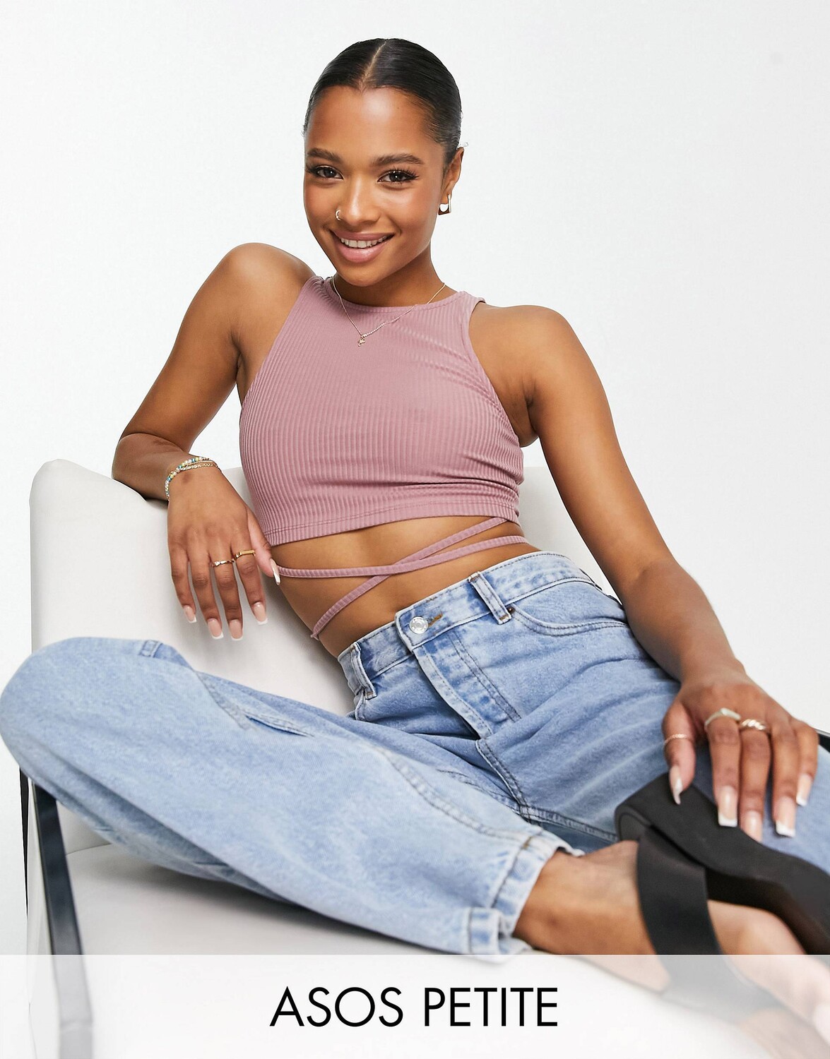 

Розовая майка в рубчик с завязками на талии ASOS DESIGN Petite