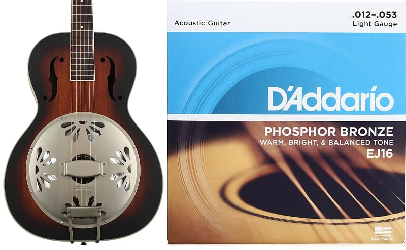 

Gretsch G9240 Alligator Mahogany Round Neck Resonator - 2-цветная накладка на гриф Sunburst Padauk со струнами D'Addario EJ16 из фосфорной бронзы для акустической гитары - .012-.053 Light Gretsch + D'Addario 2718013503=1 EJ16=1