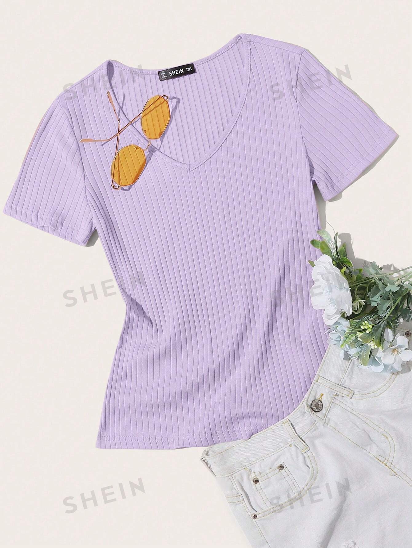 цена SHEIN Essnce однотонная повседневная трикотажная футболка в рубчик с короткими рукавами, сиреневый фиолетовый