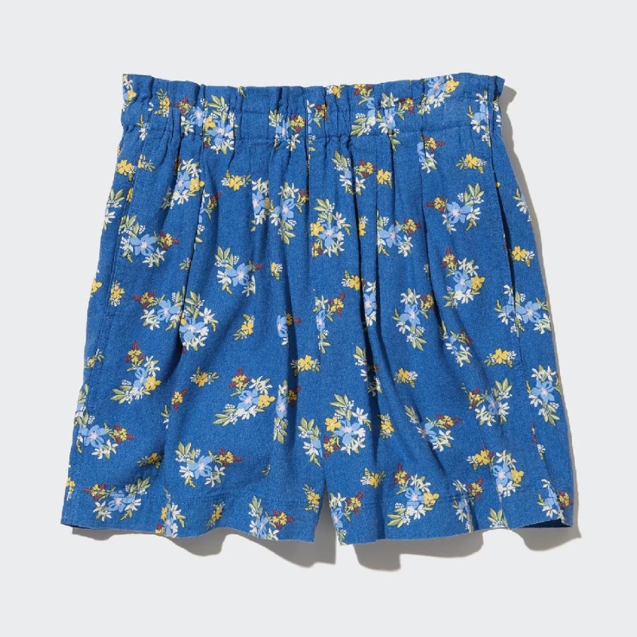 Шорты Uniqlo Girls Linen Blend Flower Print Easy, синий шорты uniqlo linen blend бежевый