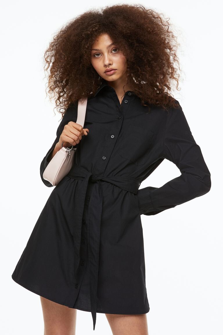 

Платье-рубашка из хлопка с поясом на завязках H&M, черный