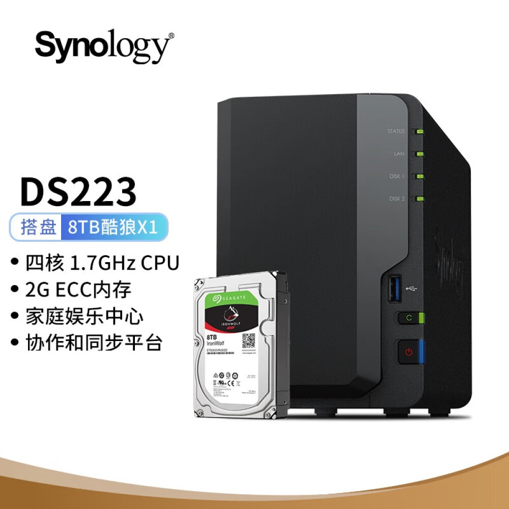 

Сетевое хранилище Synology DS223 с 1 жестким диском Seagate IronWolf ST8000VN004 емкостью 8 ТБ