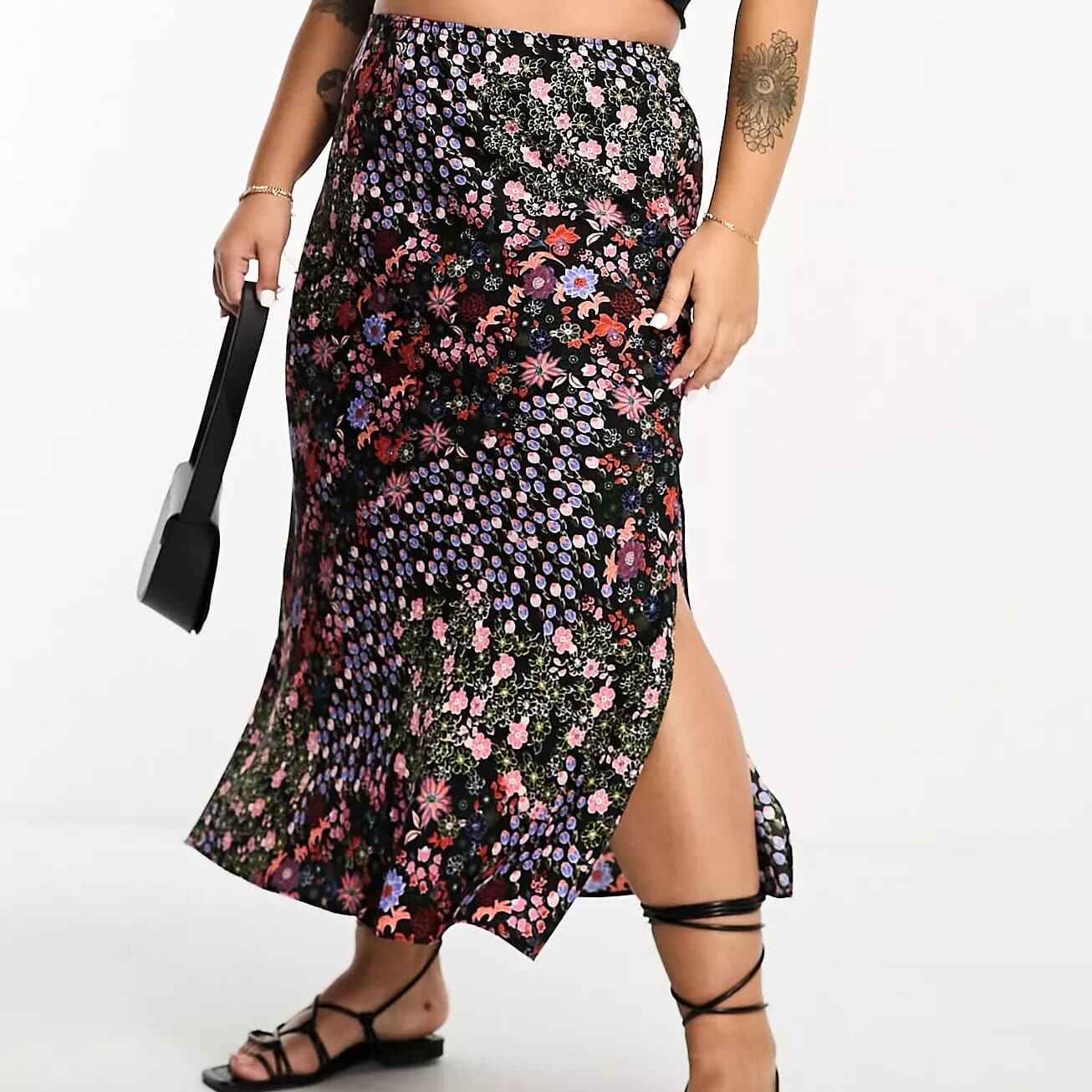 

Юбка River Island Plus Side Split Satin Midi Floral, черный