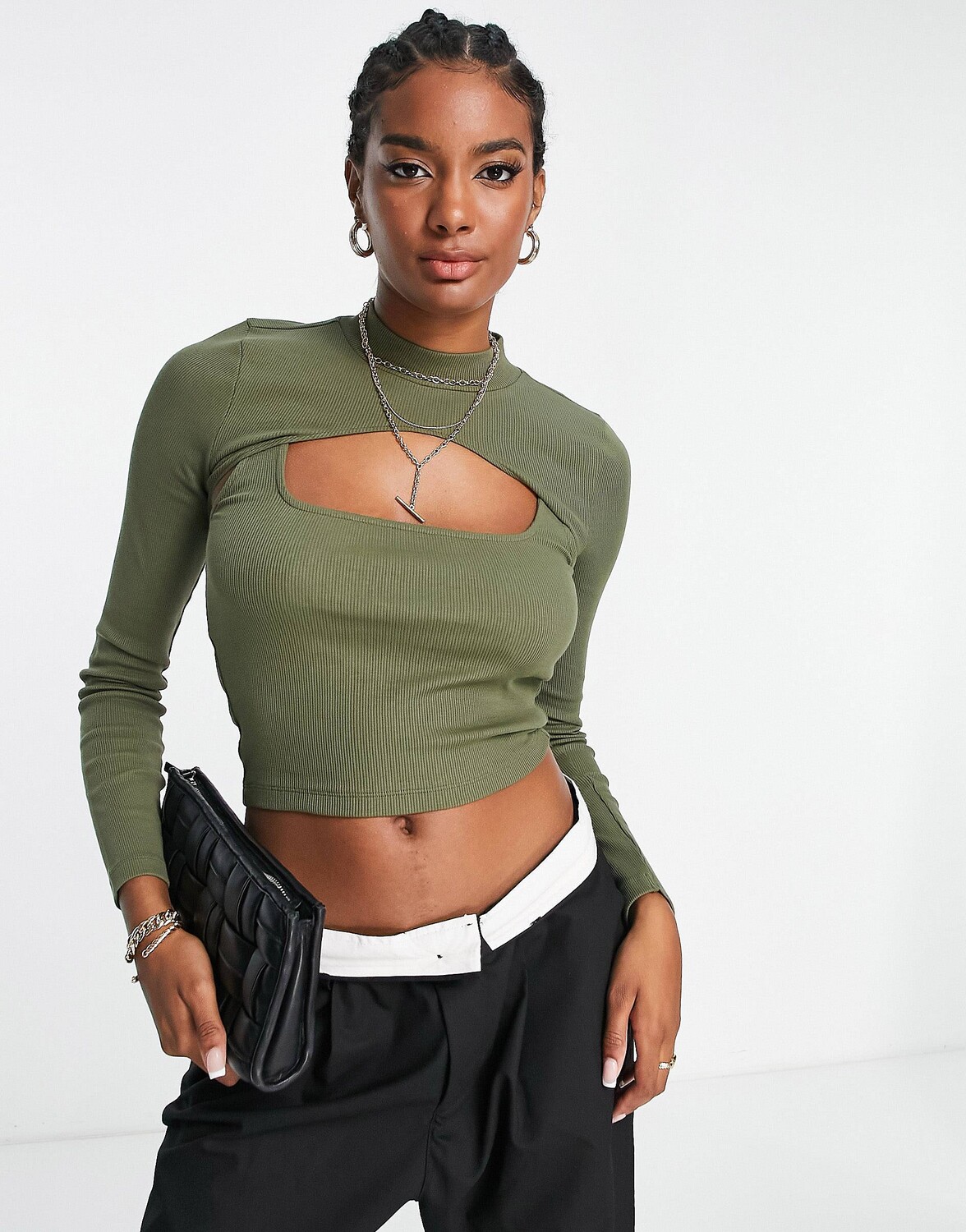 

Оливковый топ в рубчик с длинными рукавами и вырезом ASOS DESIGN 2 in 1, Зеленый