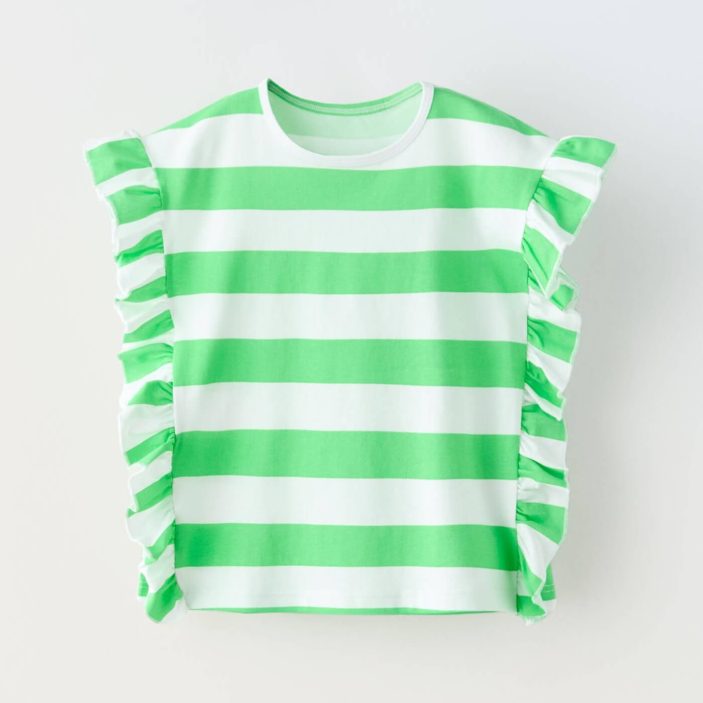 Футболка Zara Striped With Ruffle Trims, зеленый/белый