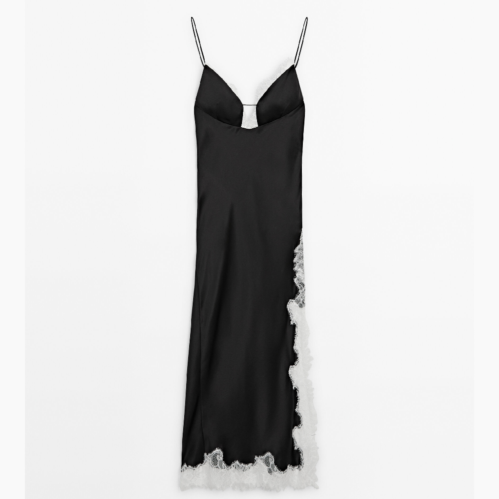 цена Платье Massimo Dutti Satin Halter With Contrast Lace, черный