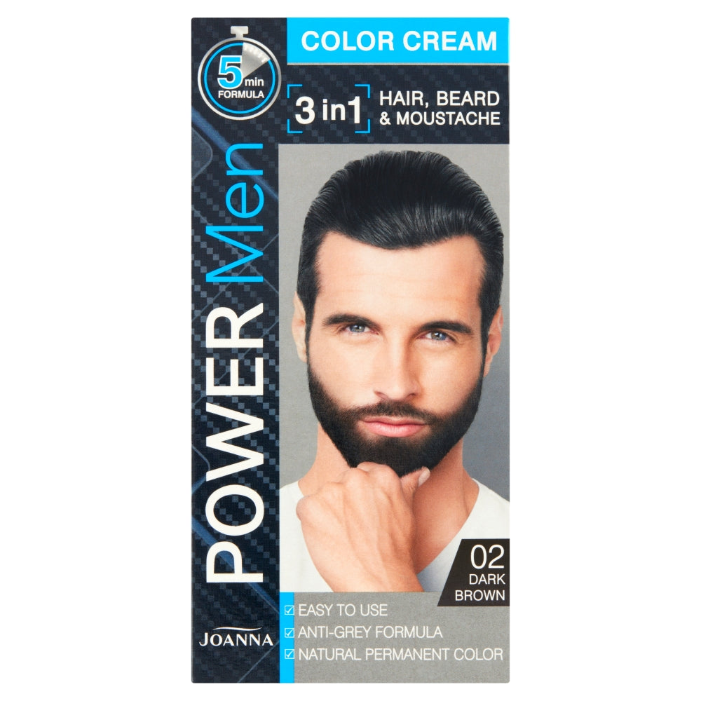 Joanna Краска для волос Power Men Color Cream 3в1 для бороды и усов 02 Темно-Коричневый 30г