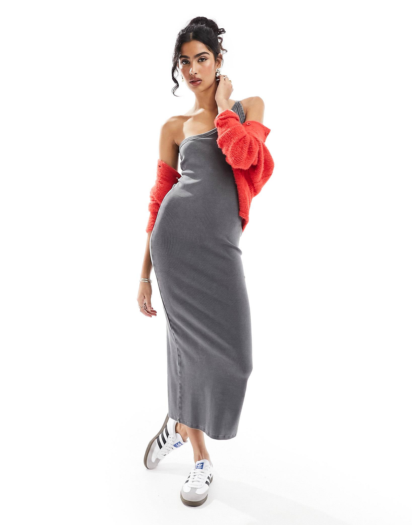 Платье миди Asos Design One Shoulder Strappy Ribbed, серый