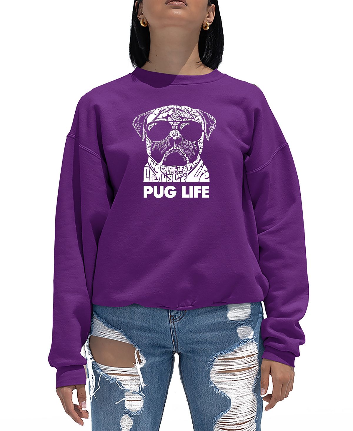 Женская толстовка с круглым вырезом word art pug life LA Pop Art, фиолетовый