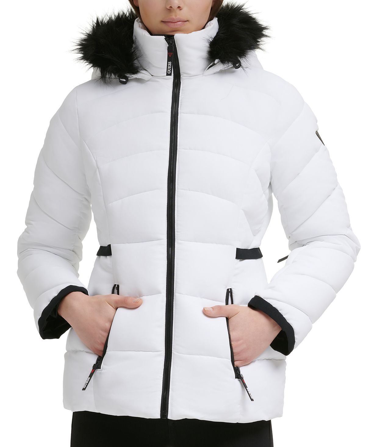 Женское пуховое пальто с капюшоном и отделкой из искусственного меха GUESS, белый