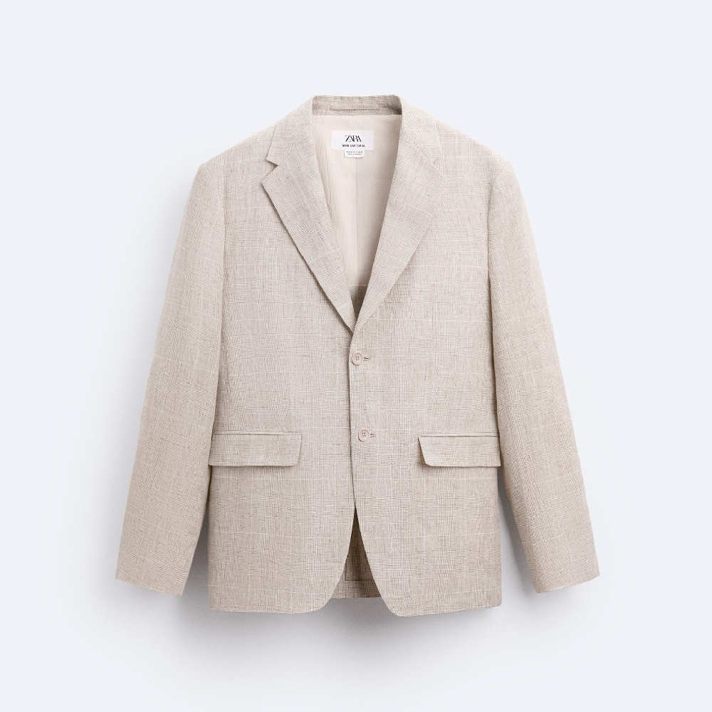 пиджак zara textured suit светло бежевый Пиджак Zara 100% Linen Check Suit, светло-бежевый