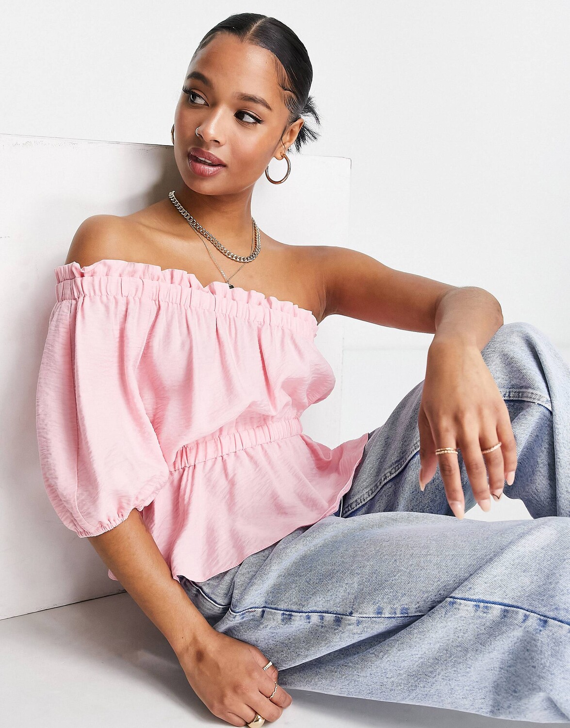 

Розовый льняной топ на одно плечо с резинкой на талии ASOS DESIGN Petite