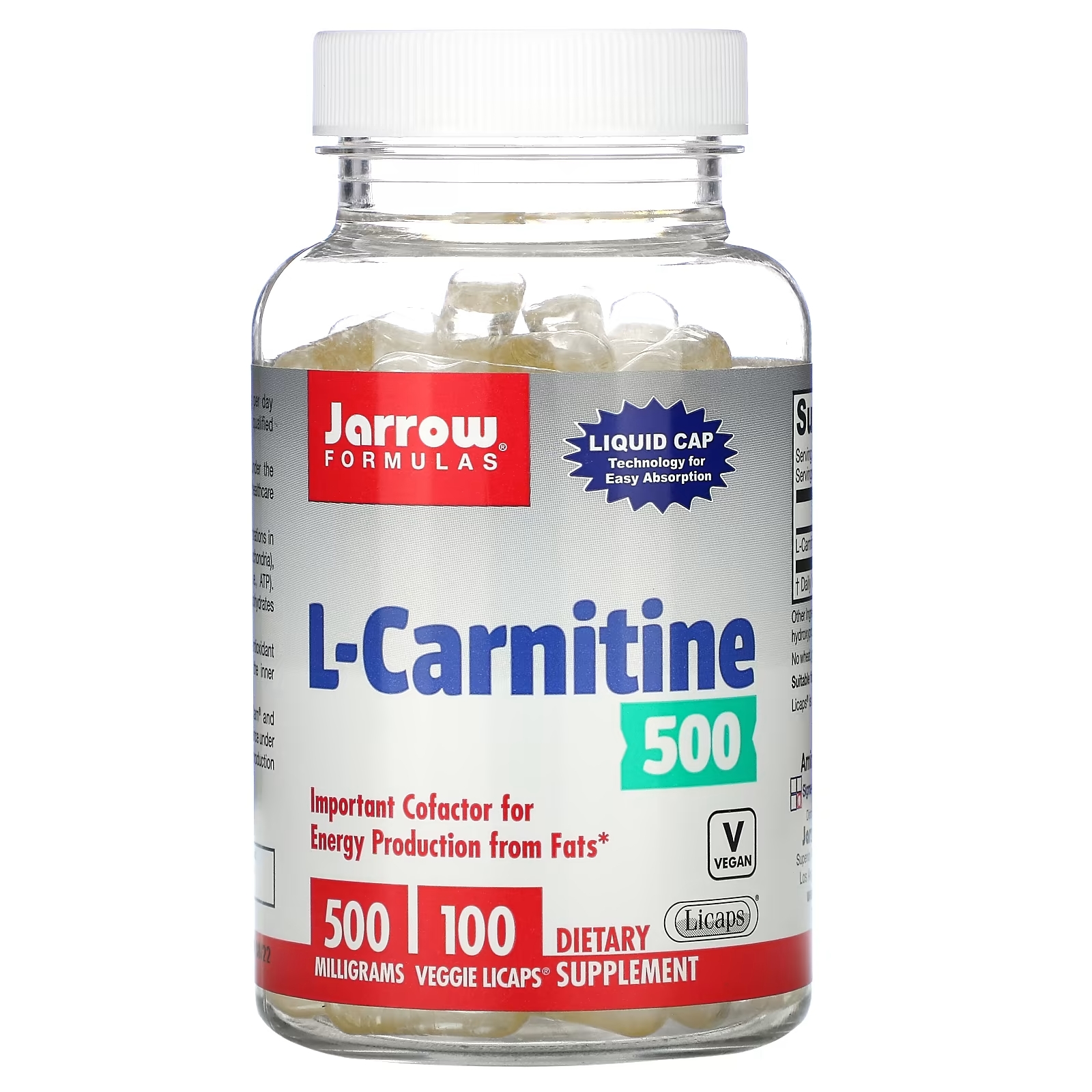 Jarrow Formulas L-карнитин 500 500 мг, 100 вегетарианских капсул Licaps