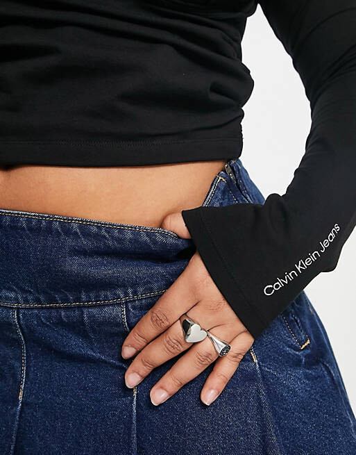 

Черный топ с длинными рукавами и запахом в рубчик Calvin Klein Jeans Plus