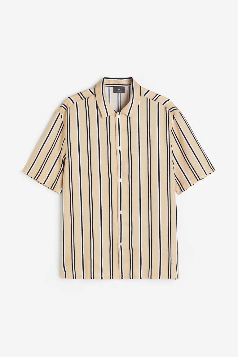 

Рубашка H&M Regular Fit Short-sleeved Lyocell, бежевый в полоску