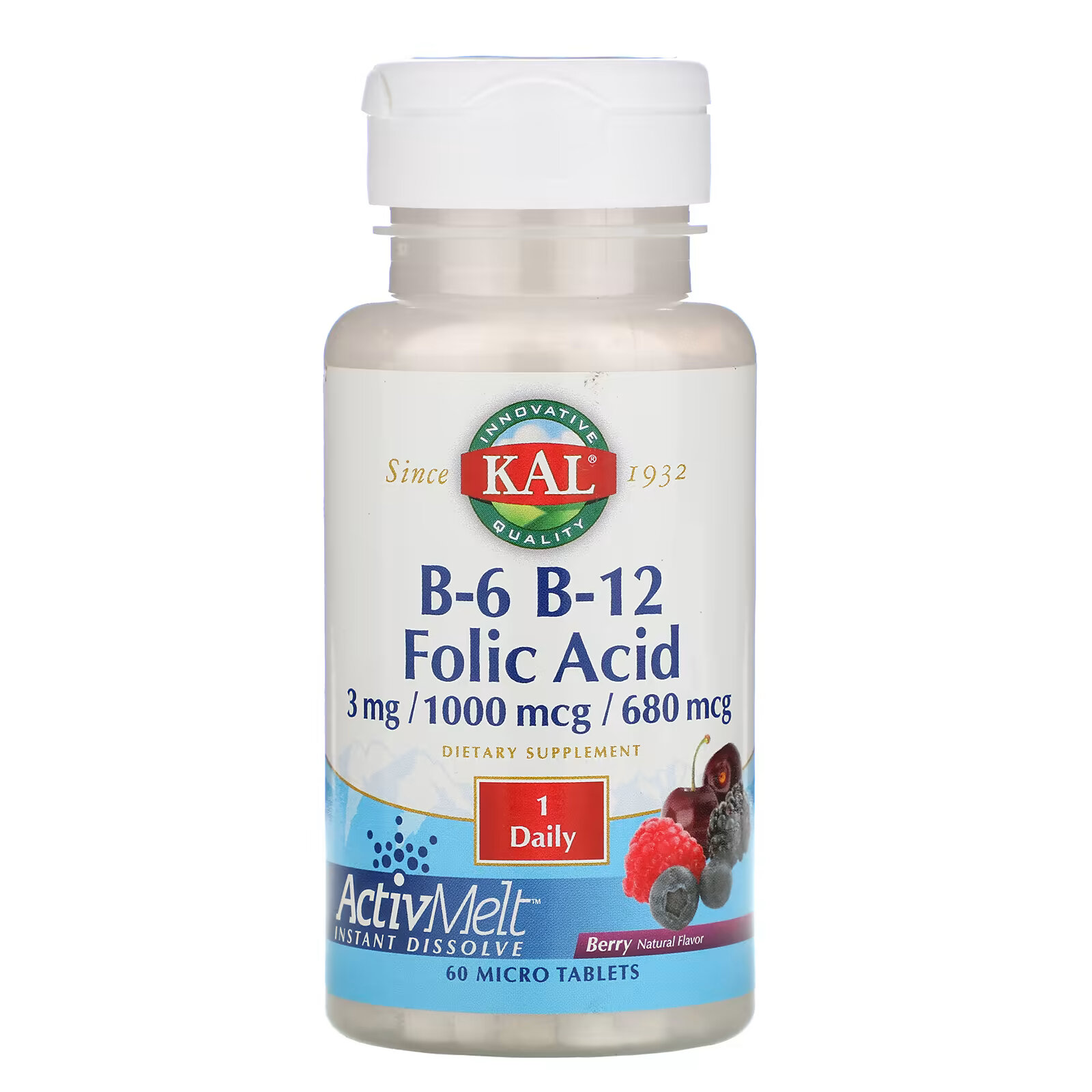 KAL, B-6, B-12, фолиевая кислота, ягода, 60 микротаблеток витамины b 6 b 12 и фолиевая кислота bluebonnet nutrition малина 60 таблеток