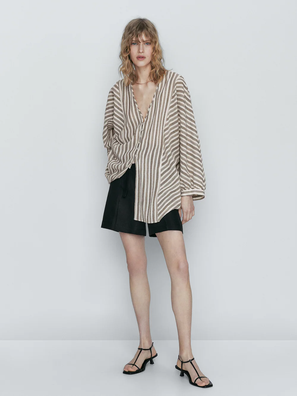 

Рубашка из вафельного трикотажа в полоску Massimo Dutti, коричневый