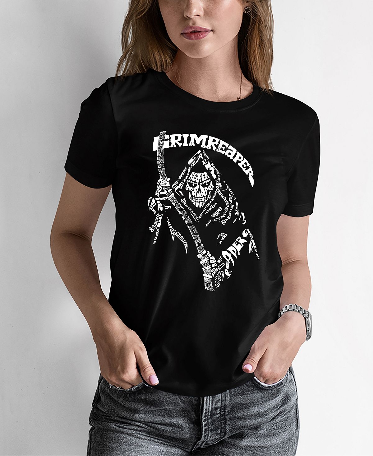 Женская футболка с надписью grim reaper word art LA Pop Art, черный женская футболка смерть на чёрном коте grim reaper cat s темно синий