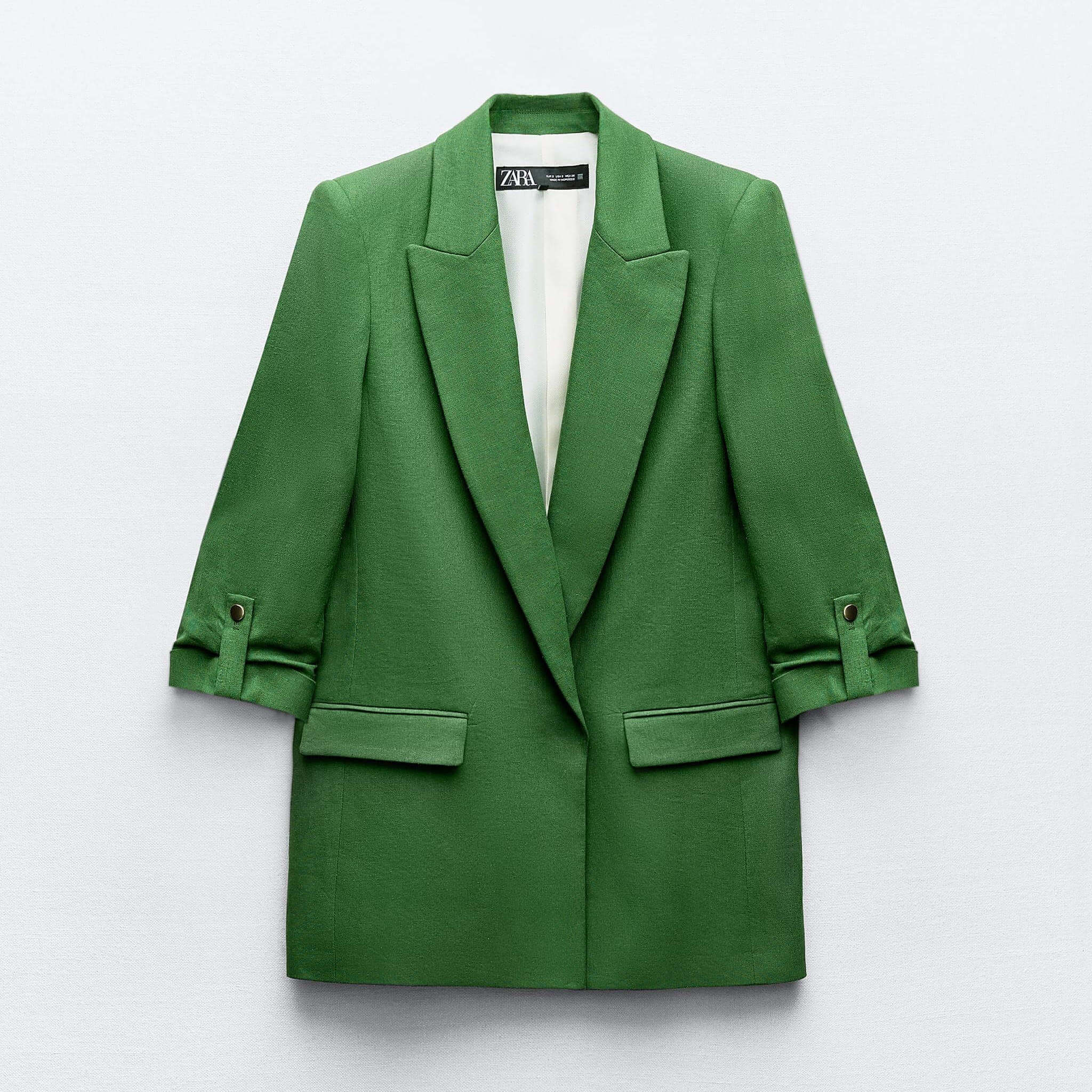 Блейзер Zara Linen Blend Roll-Up Sleeve Open, зеленый жилет zara tailored linen blend зеленый