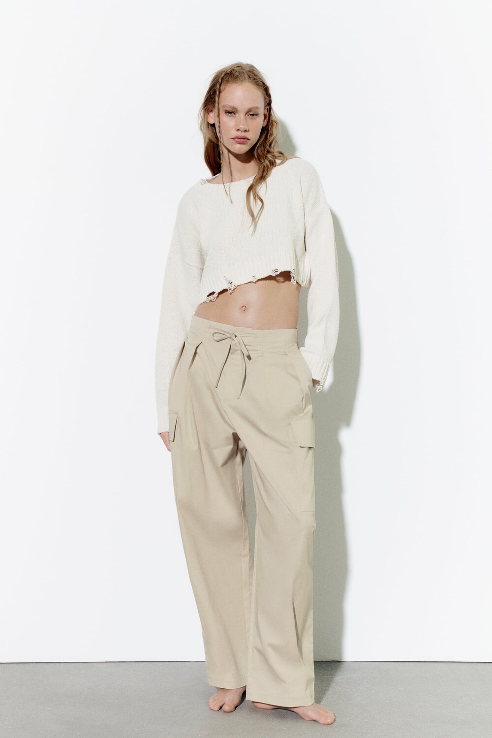 

Брюки карго с завязкой ZARA, серый/бежевый