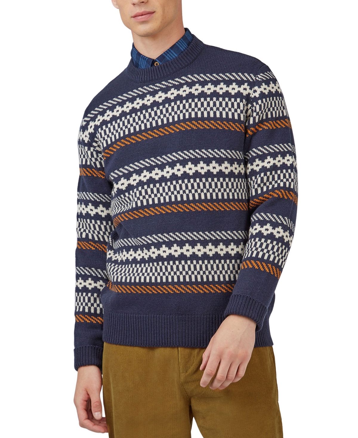 Мужской свитер крупной вязки с круглым вырезом и длинными рукавами с жаккардовым узором Ben Sherman свитер джемпер с длинным рукавом мягкий зимний пуловер в полоску с пэчворком и узором вязаный свитер вязаный свитер