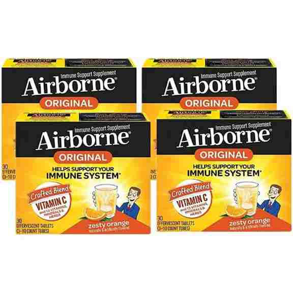 Витамин С в шипучих таблетках Airborne Immune System вкус апельсина, 4 упаковки по 30 таблеток витамины цинк и аскорбиновая кислота evam таблетки шипучие 4 1 г 20шт