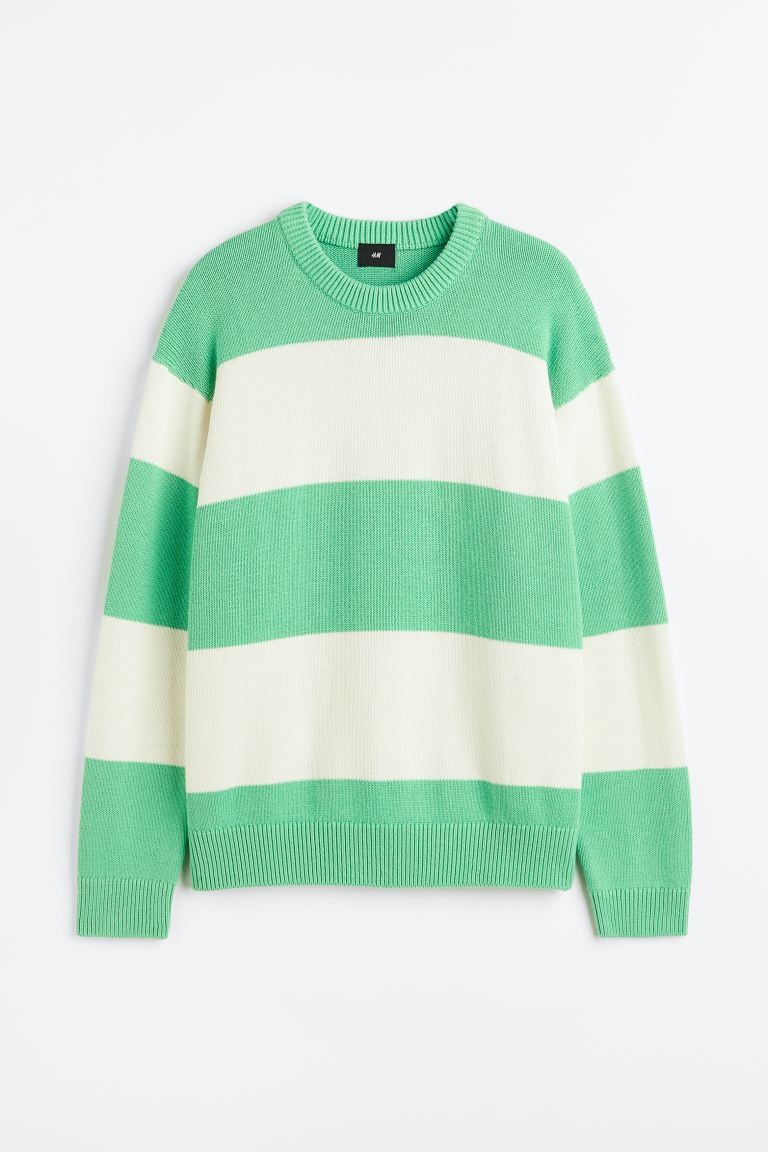 

Джемпер свободного кроя из хлопка H&M, светло-зеленый/белые полосы
