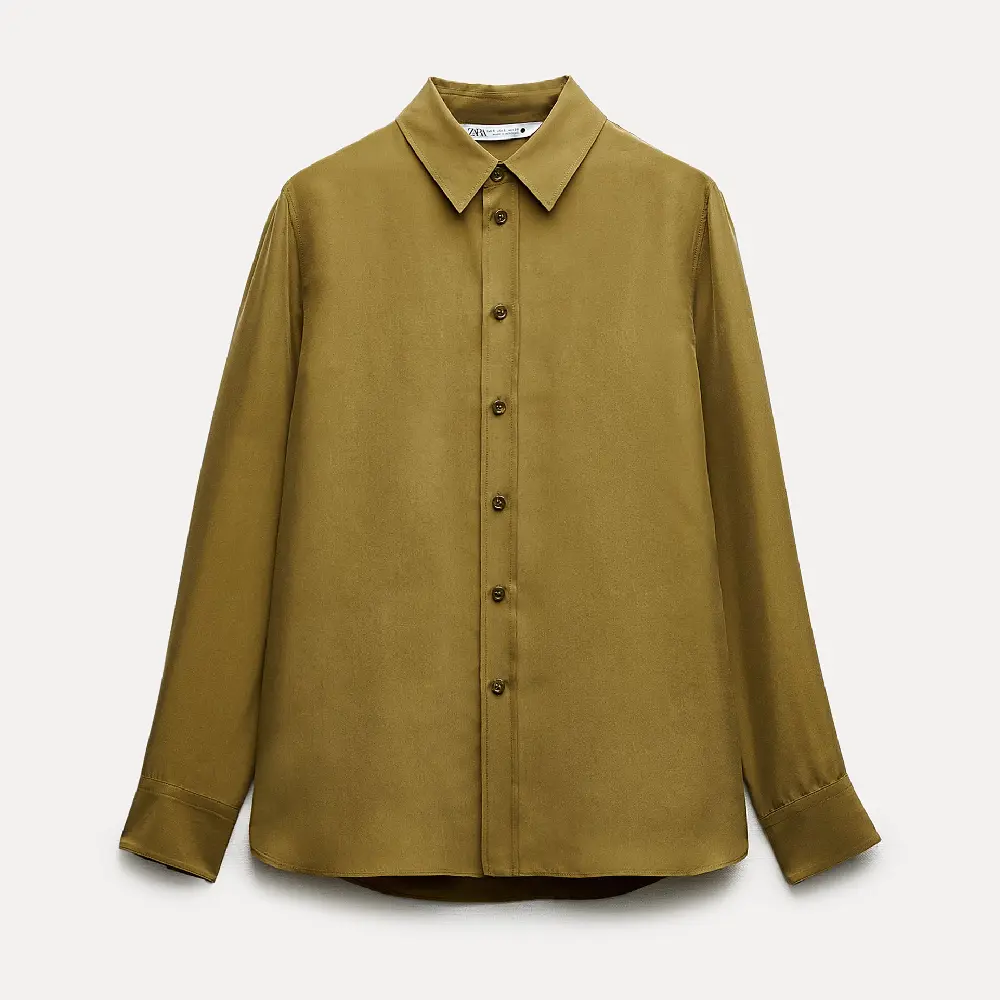 

Рубашка Zara Zw Collection 100% Silk Slim Fit, оливковый