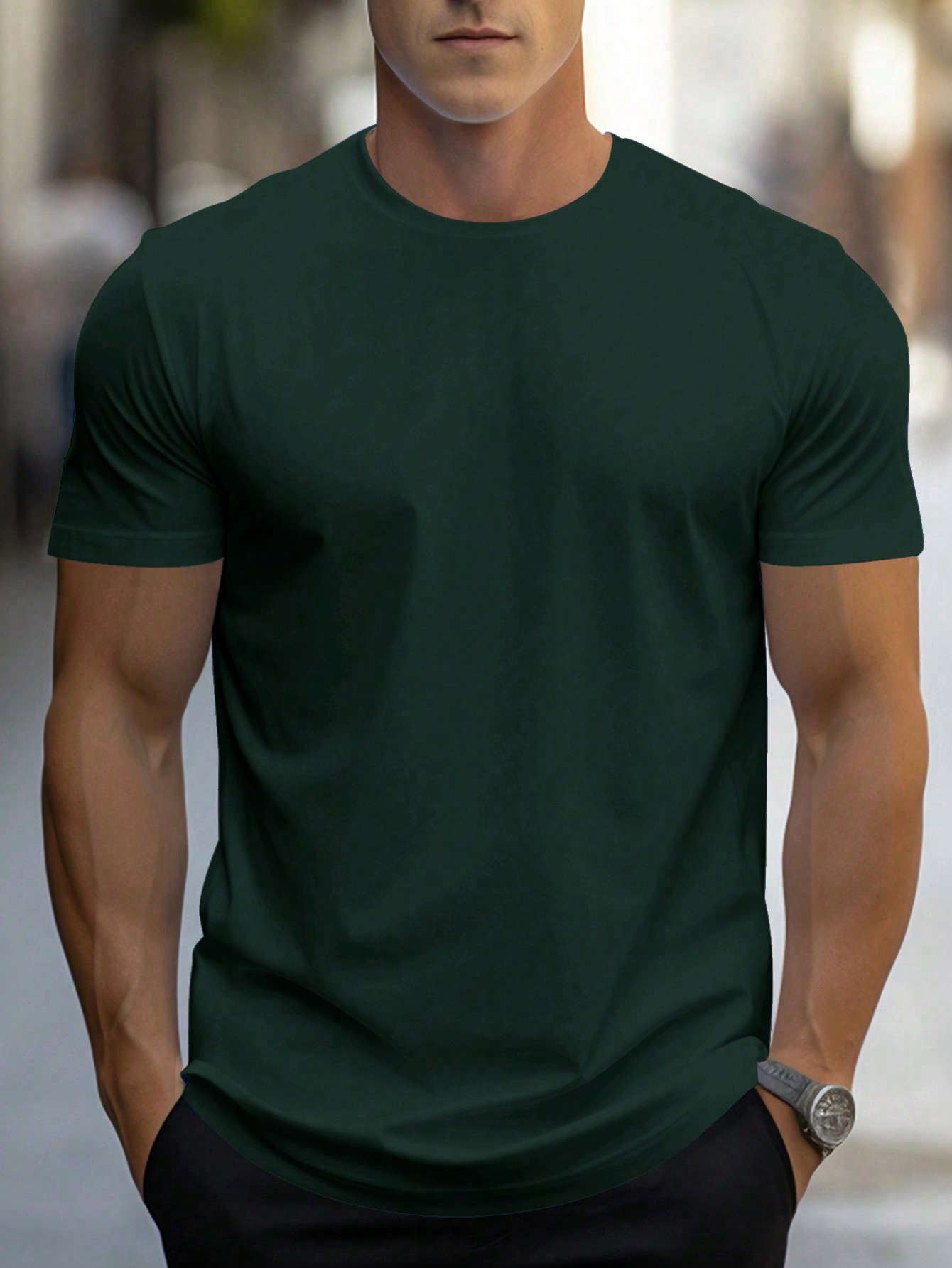 Мужская однотонная футболка с короткими рукавами Manfinity, темно-зеленый фотографии